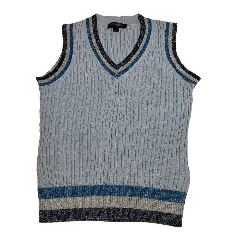 Brooks Brothers Cabled V Neck Sweater Vest with Sparkle Trim. Light Blue. XS. Pr